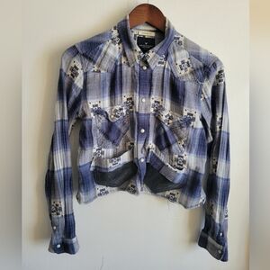 Upcycled American Eagle Outfitters Blue  Crop Top Shirt Boyfriend Fit Medium